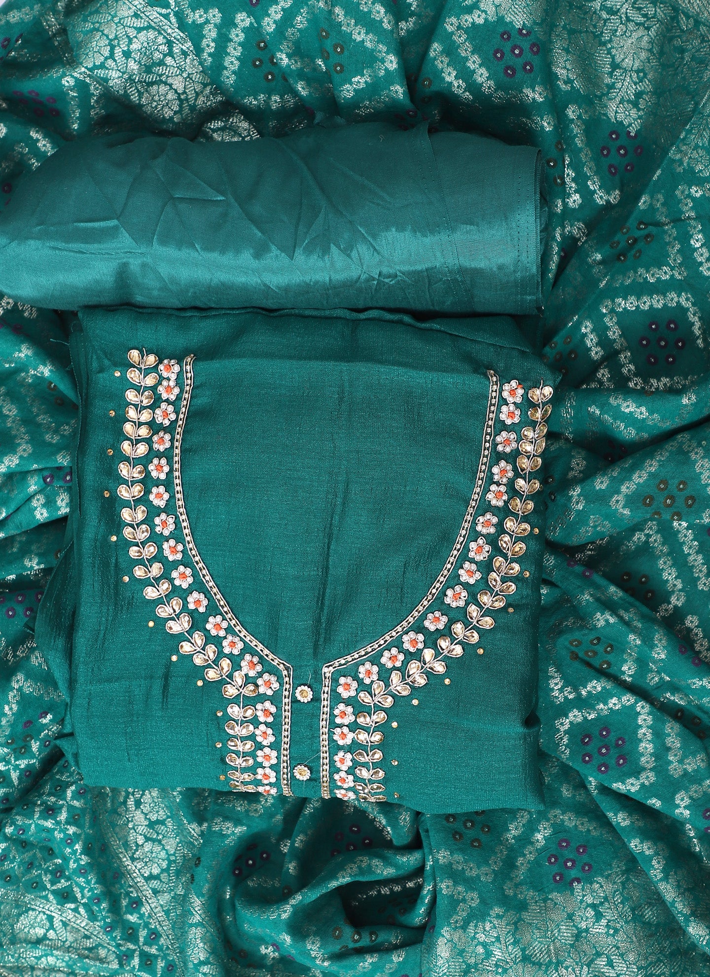 Green Embroidered Unstitched Dress Material
