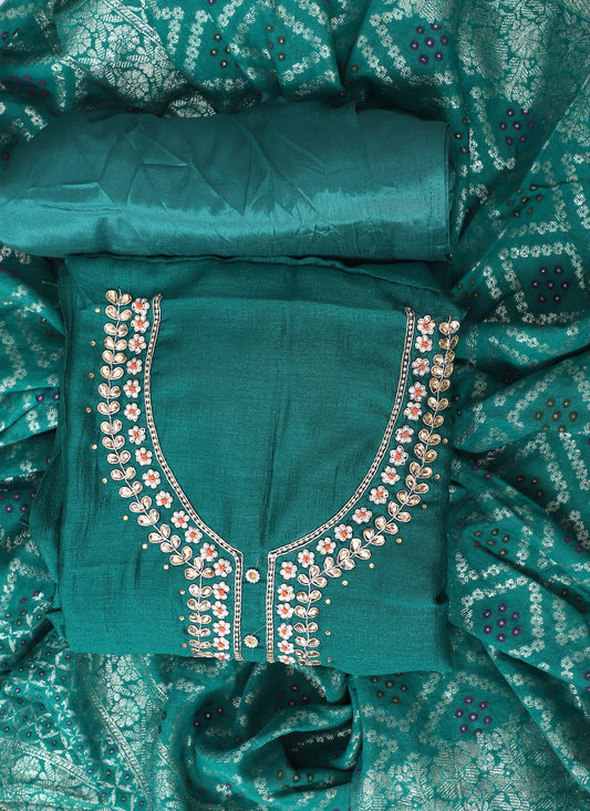 Silk Embroidered Green Unstitched Dress Material With Dupatta