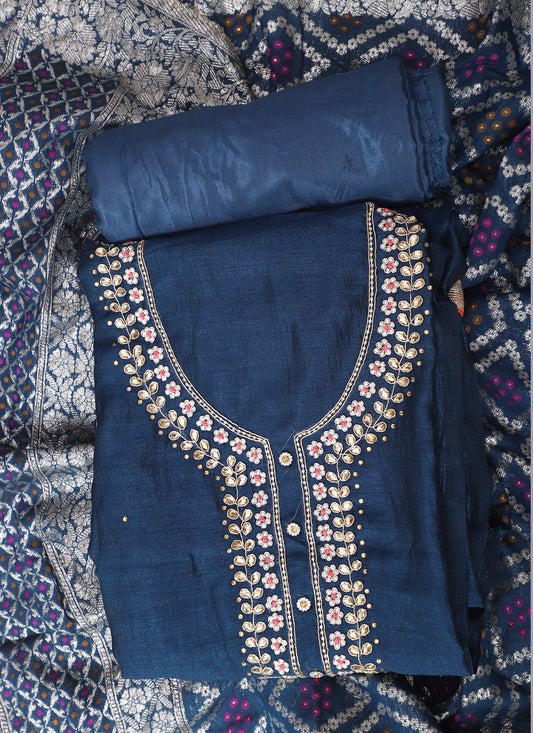 Blue Embroidered Silk Unstitched Dress Material