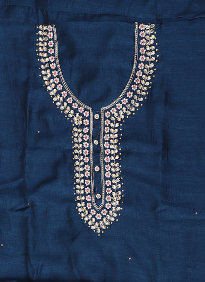 Blue Embroidered Silk Unstitched Dress Material