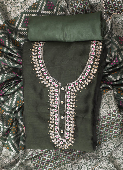 Silk Embroidered Green Unstitched Dress Material With Dupatta