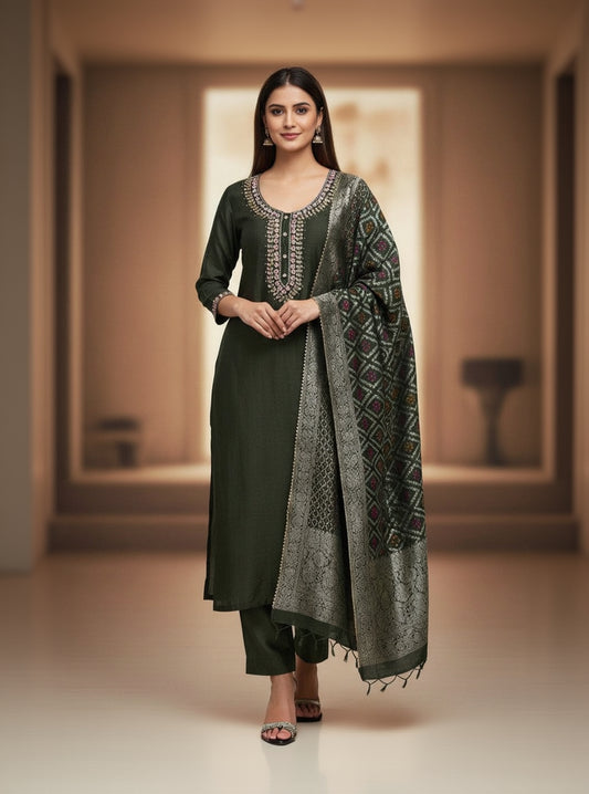 Silk Embroidered Green Unstitched Dress Material With Dupatta