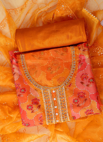 Organza Embellished Orange Unstitched Dress Material With Dupatta