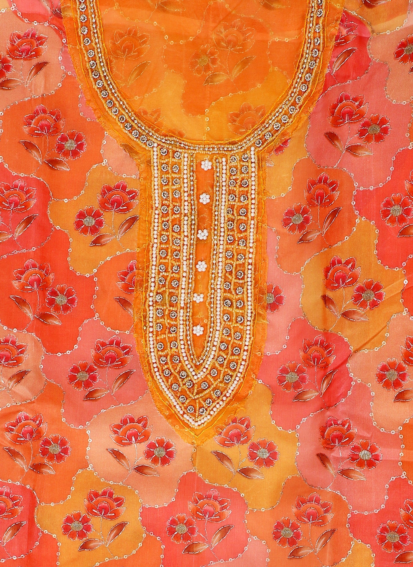 Organza Embellished Orange Unstitched Dress Material With Dupatta