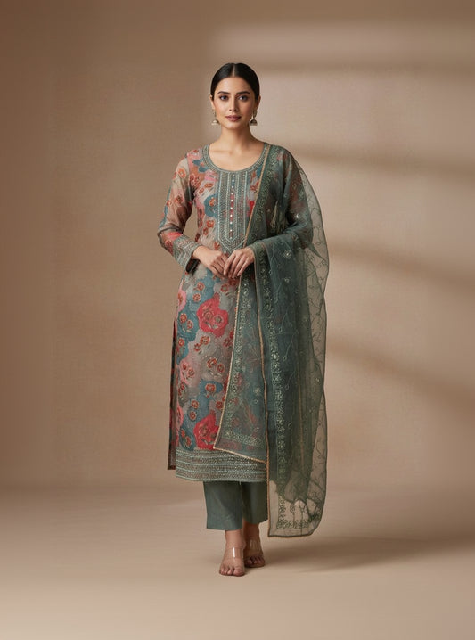 Organza Embellished Grey Unstitched Dress Material With Dupatta