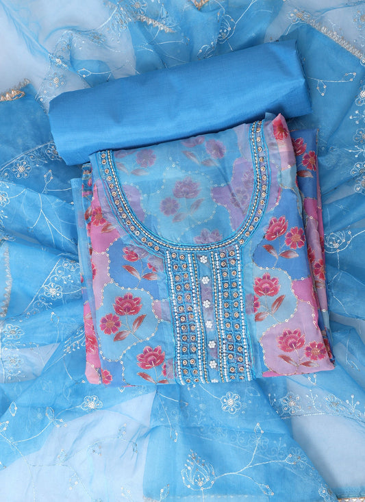 Organza Embellished Blue Unstitched Dress Material With Dupatta