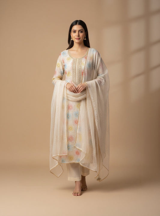 Organza Embroidered White Unstitched Dress Material With Dupatta