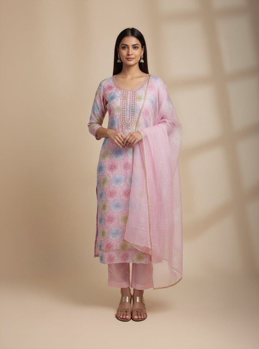 Organza Embroidered Pink Unstitched Dress Material With Dupatta