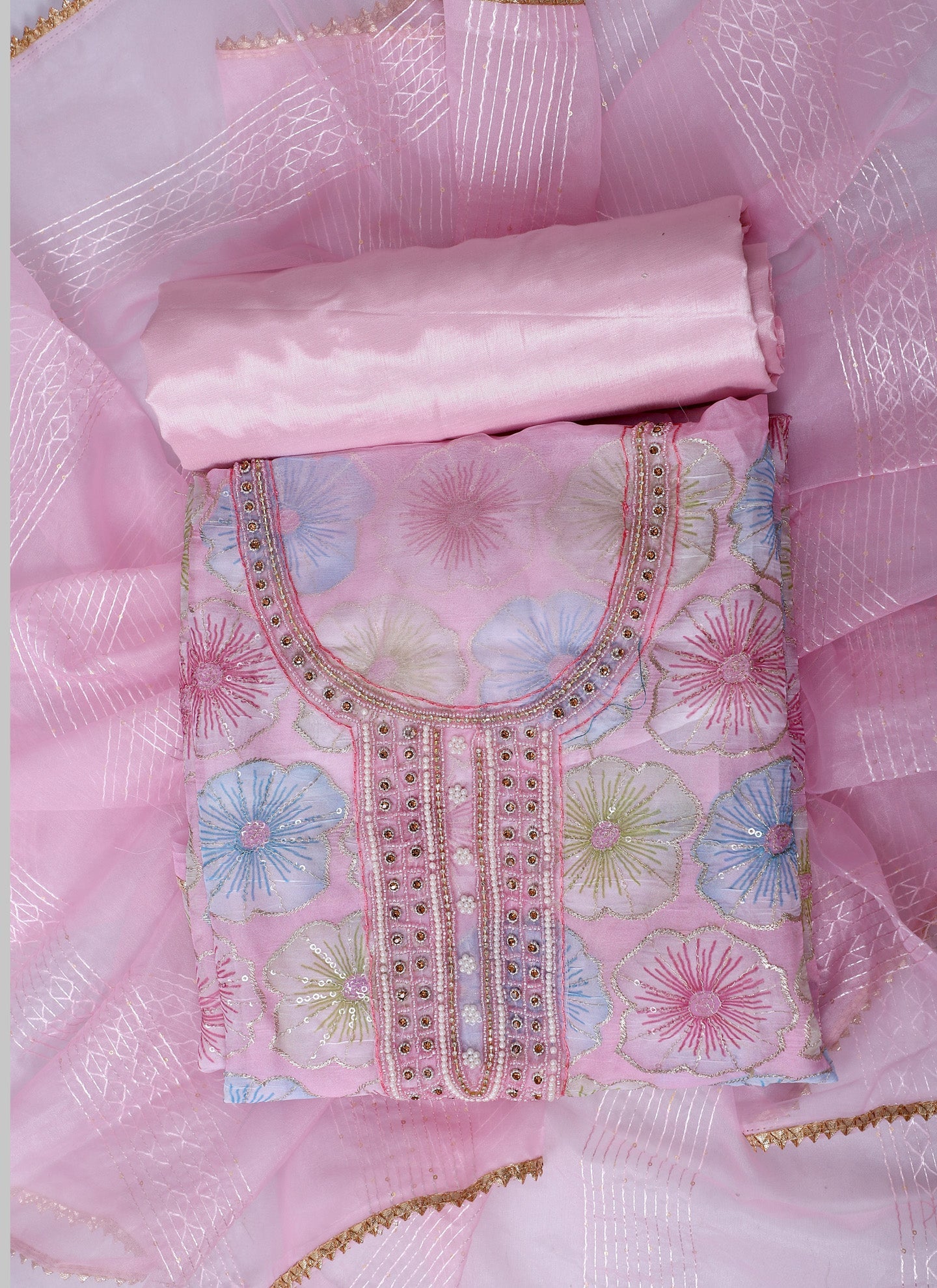 Pink Embroidered Organza Unstitched Dress Material