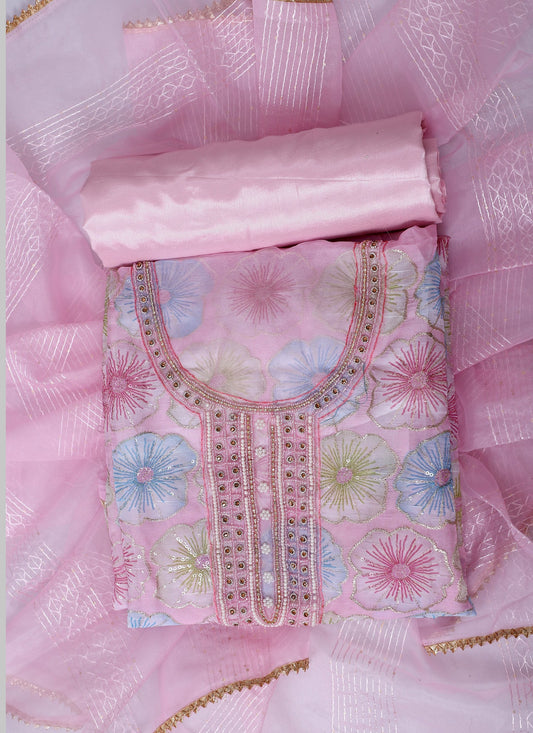 Organza Embroidered Pink Unstitched Dress Material With Dupatta