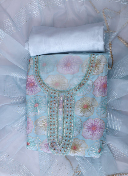 Organza Embroidered Blue Unstitched Dress Material With Dupatta