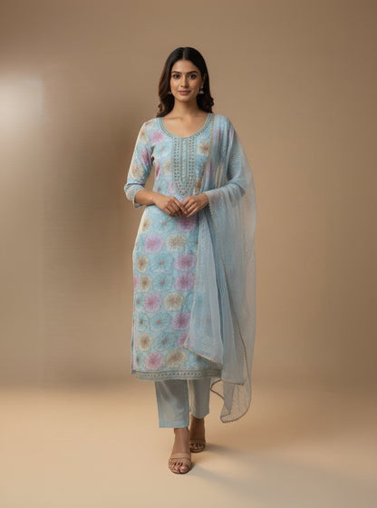 Organza Embroidered Blue Unstitched Dress Material With Dupatta