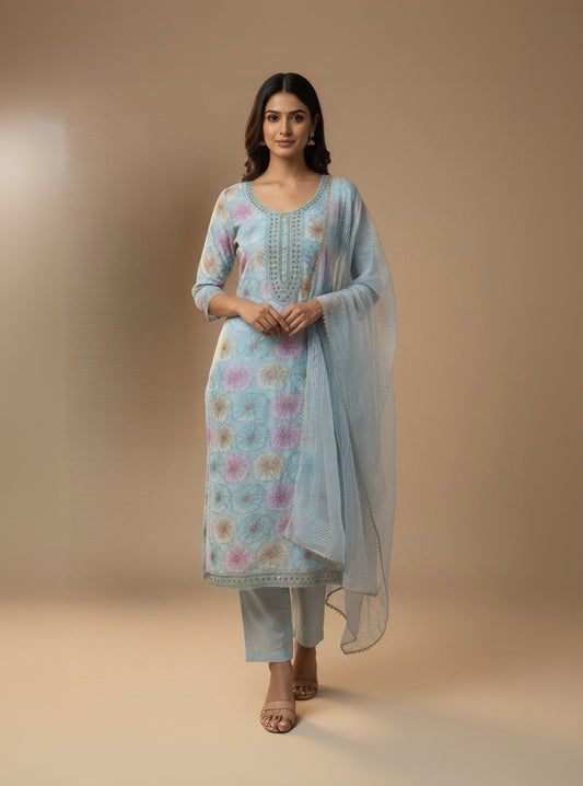 Organza Embroidered Blue Unstitched Dress Material With Dupatta
