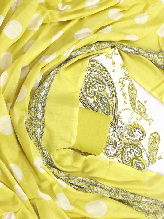 Cotton Printed Embellished Cream-Green Unstitched Dress Material