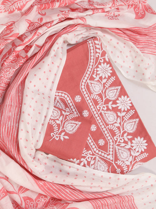 Cotton Embroidered Orange Unstitched Dress Material