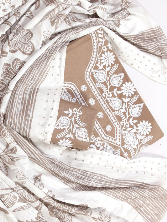Cotton Embroidered Brown Unstitched Dress Material