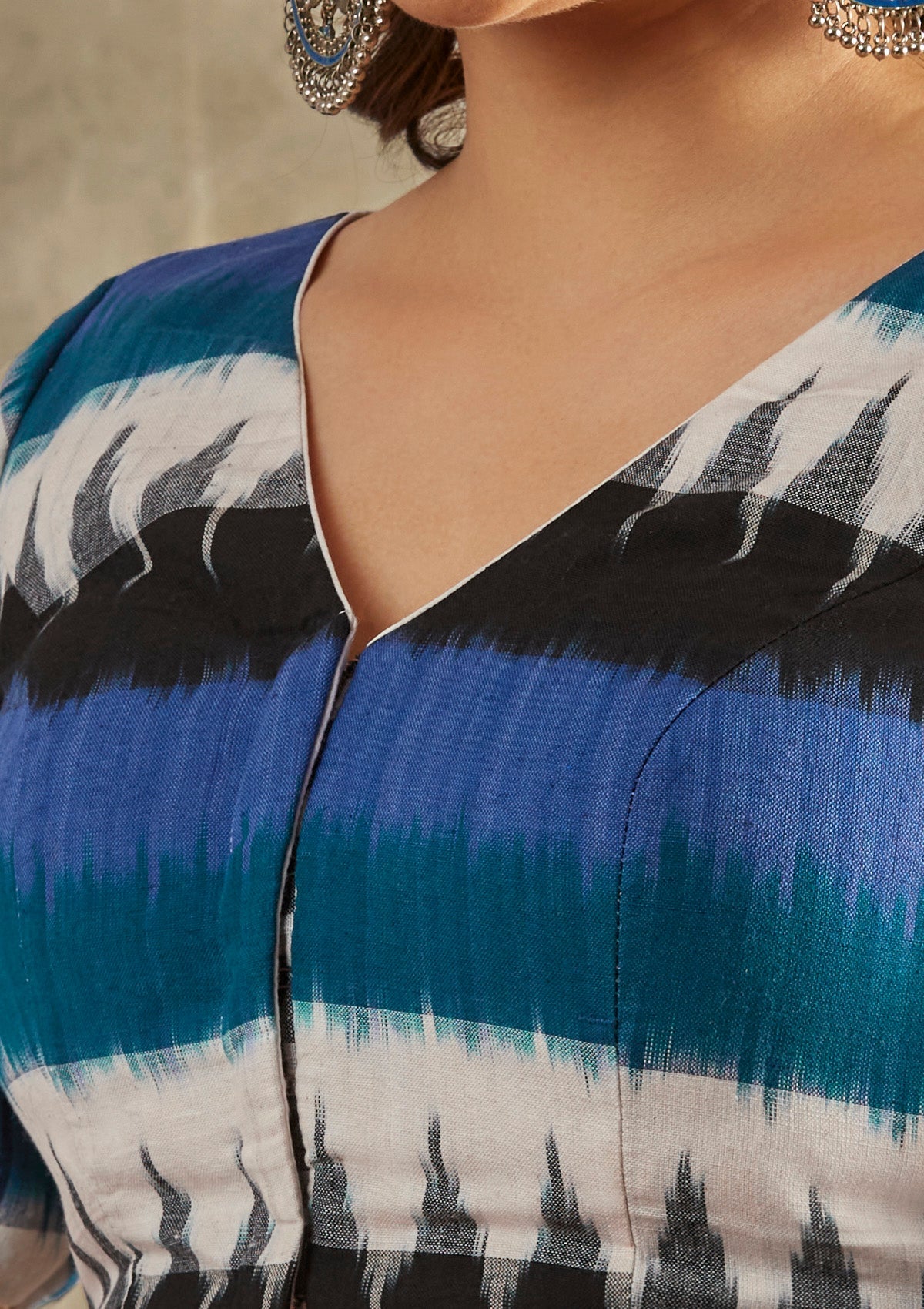 Blue V-Neck Ikat Cotton  Blouse