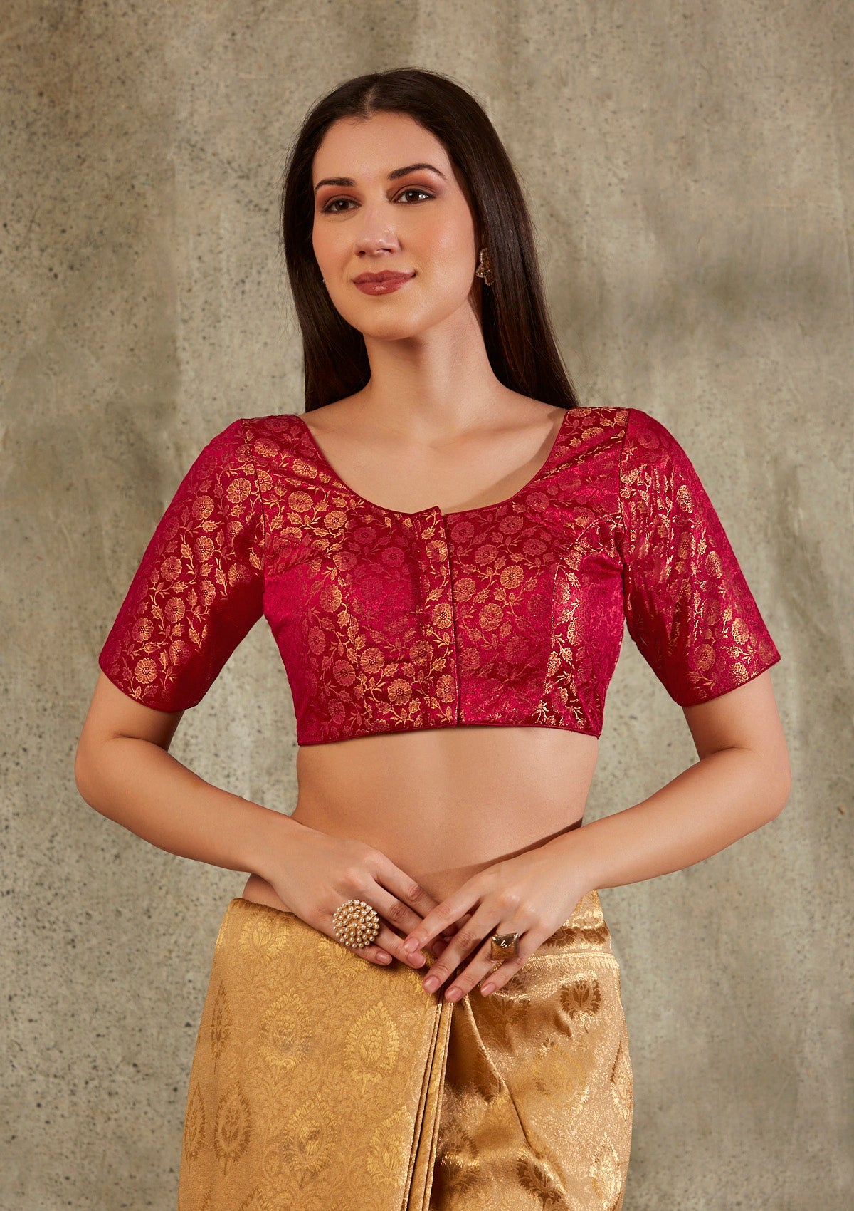 Maroon Brocade Round Neck Readymade Padded Blouse