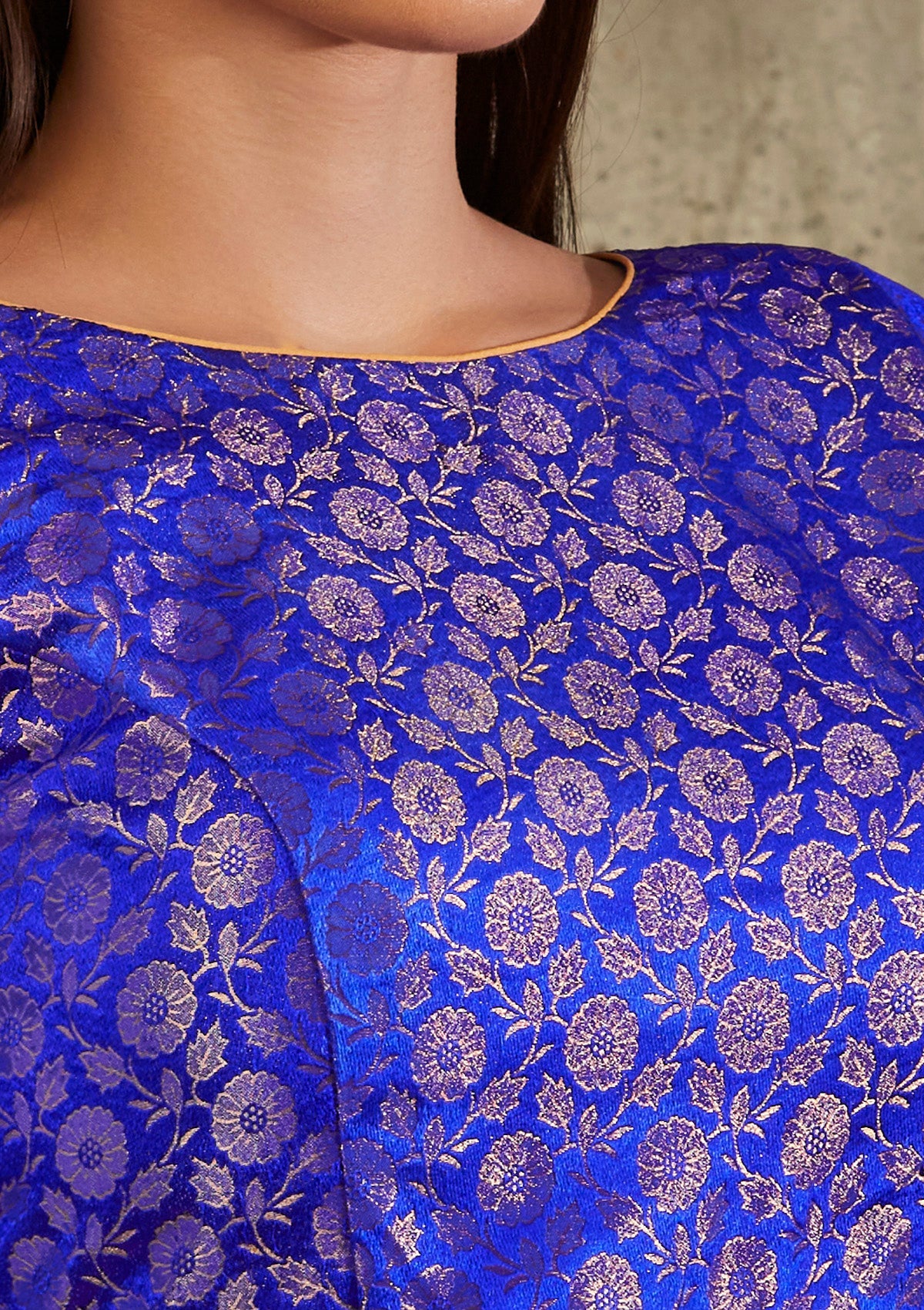 Royal Blue Brocade Boat Neck Readymade Blouse