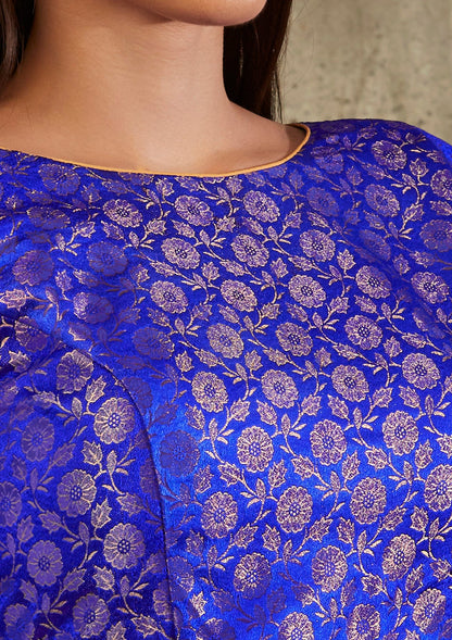 Royal Blue Brocade Boat Neck Readymade Blouse