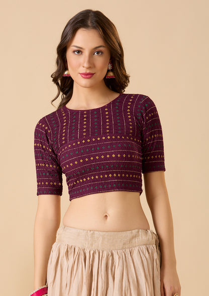 Wine lycra Boat Neck stretchable Readymade  blouse