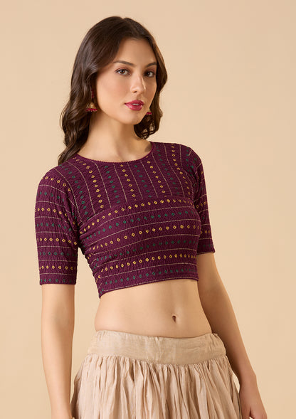 Wine lycra Boat Neck stretchable Readymade  blouse