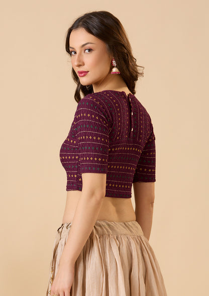 Wine lycra Boat Neck stretchable Readymade  blouse