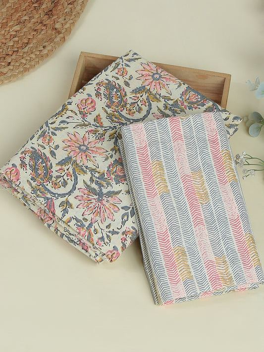 Cream Printed Cotton Printed Unstitched Dress Material (2 Pc)