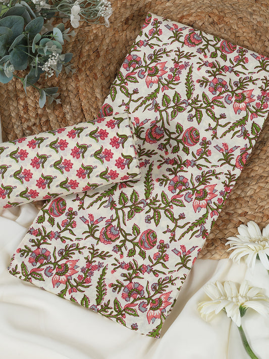 Cream Cotton Printed Unstitched Dress Material (2 Pc)