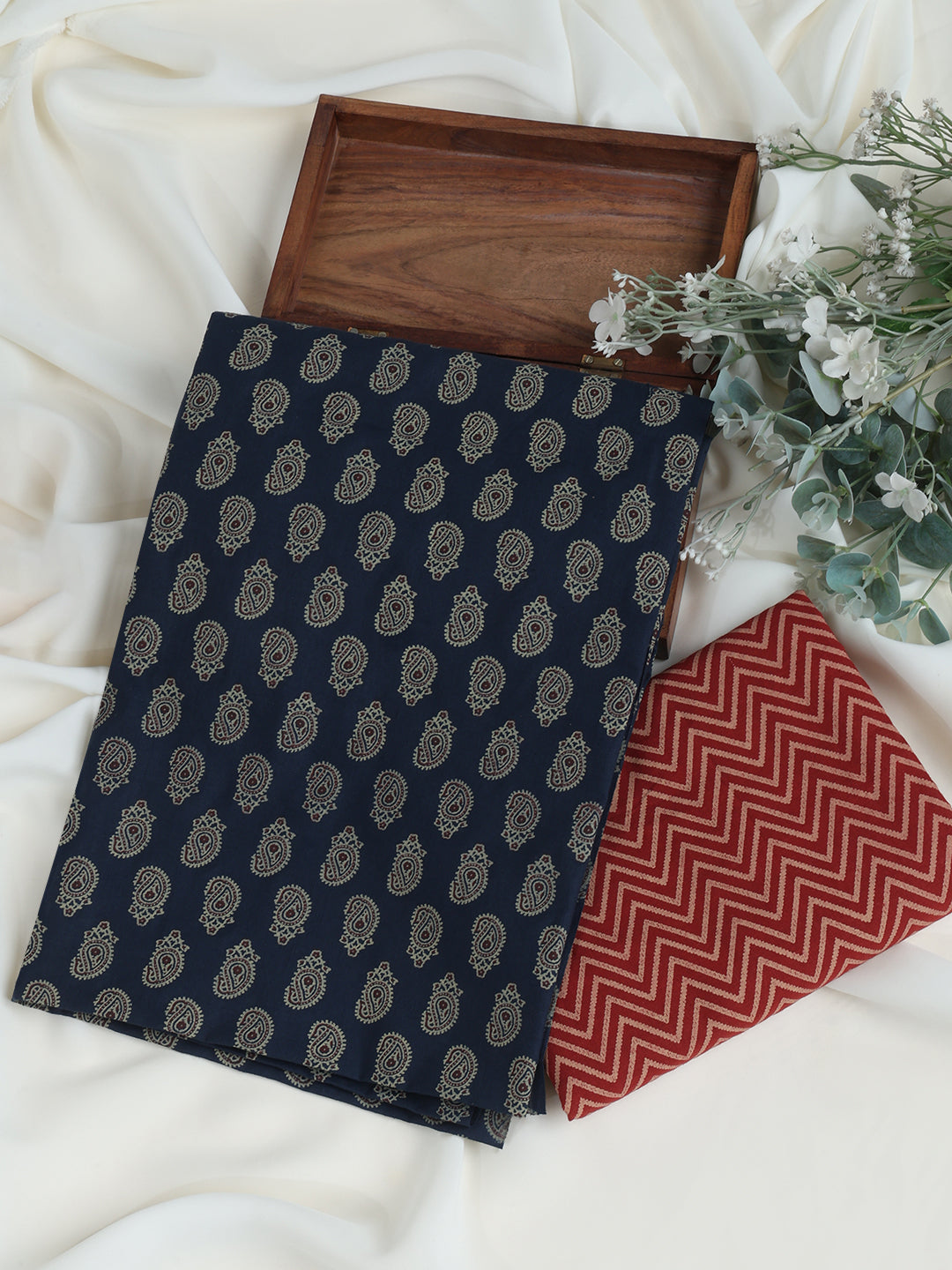 Navy Blue Cotton Printed Unstitched Dress Material (2 Pc)