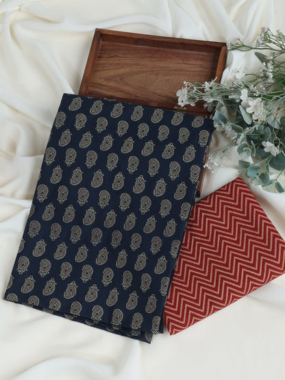Navy Blue Cotton Printed Unstitched Dress Material (2 Pc)