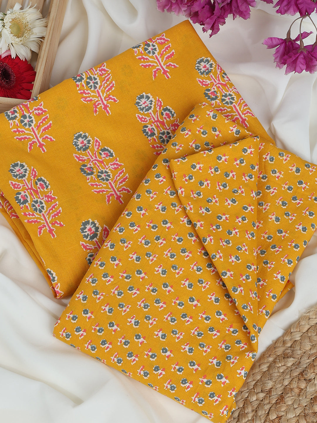 Yellow Cotton Printed Unstitched Dress Material (2 Pc)