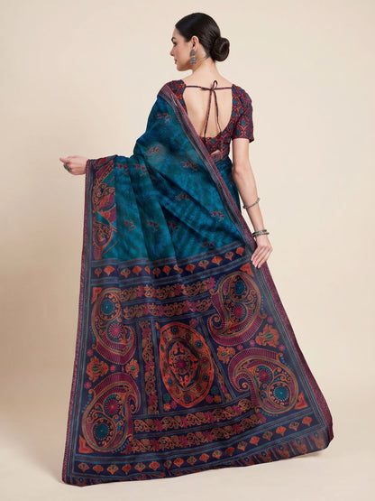 Blue Traditional Printed Pure Cotton Saree