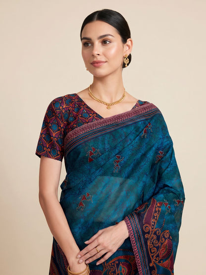 Blue Traditional Printed Pure Cotton Saree