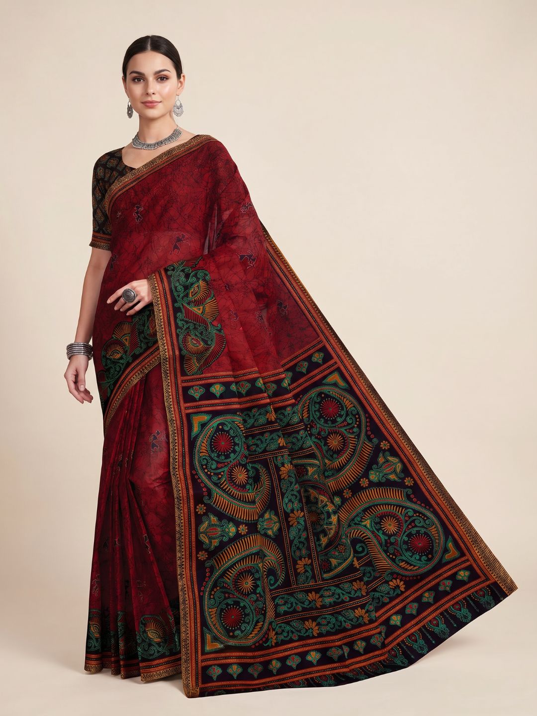 Red Traditional Printed Pure Cotton Saree