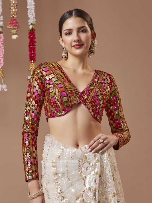 Maroon Georgette V Neck Readymade Blouse