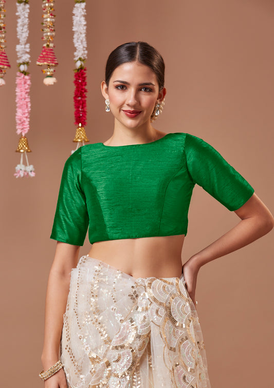 Green Silk Close Neck Readymade Blouse