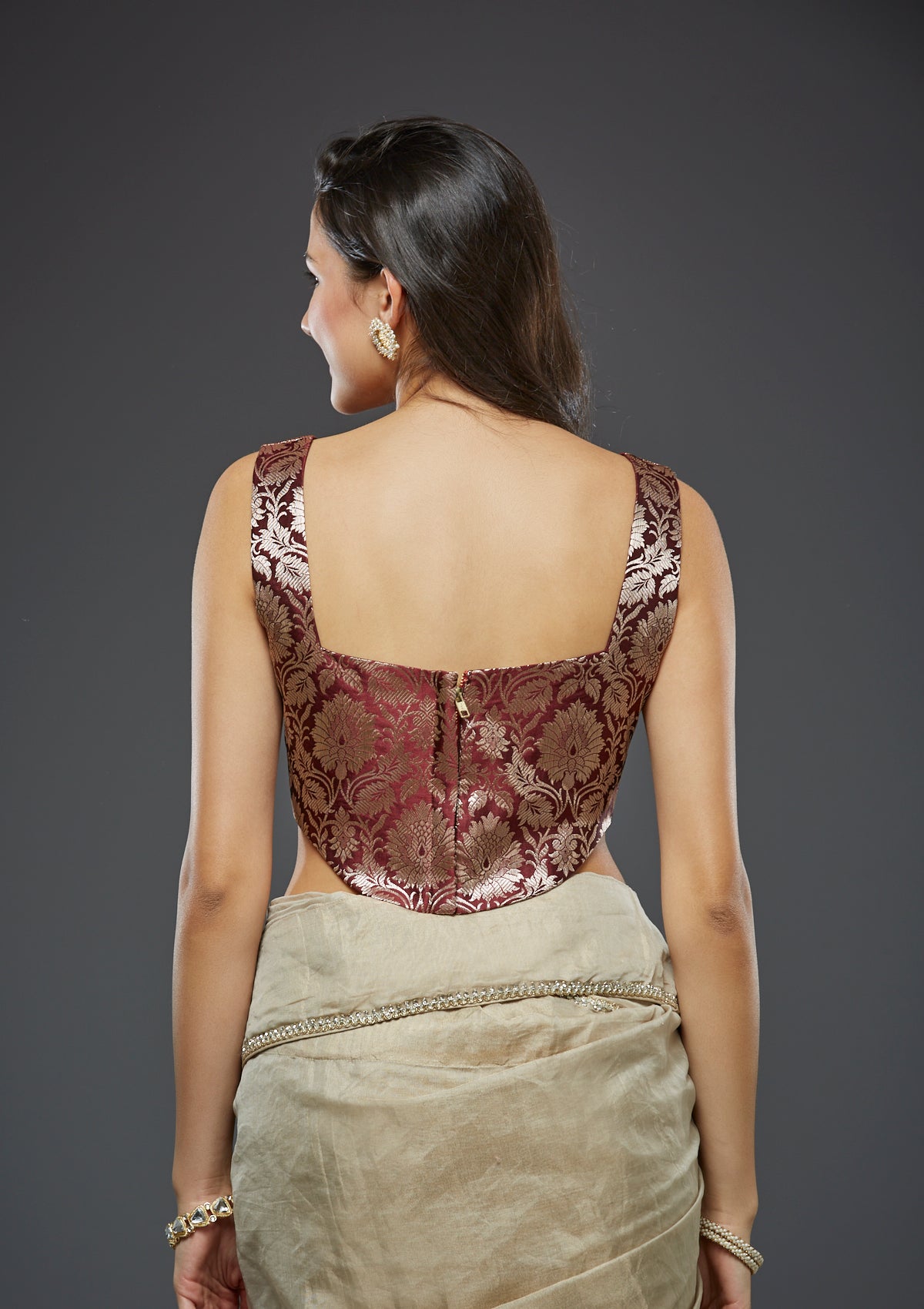 Maroon Floral Brocade Corset Readymade Blouse