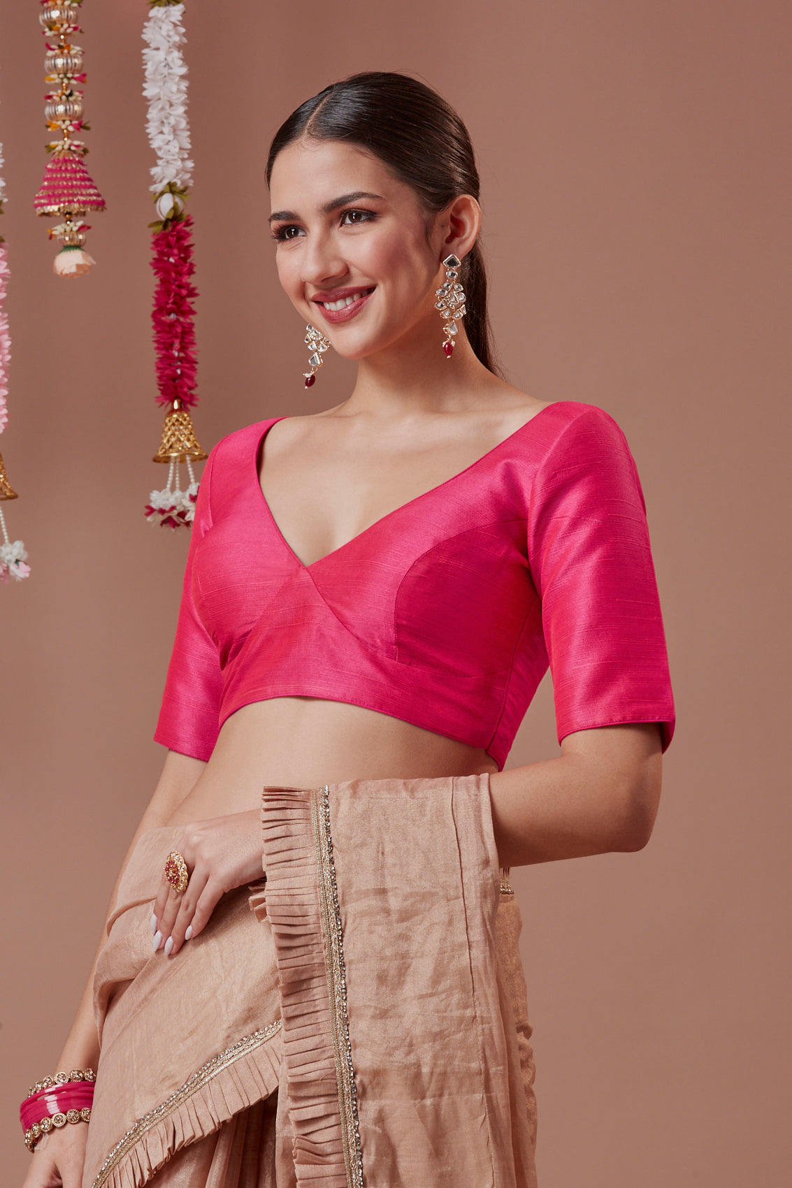 Pink Silk Plunging V Neck Readymade Blouse With Elbow Length Sleeves