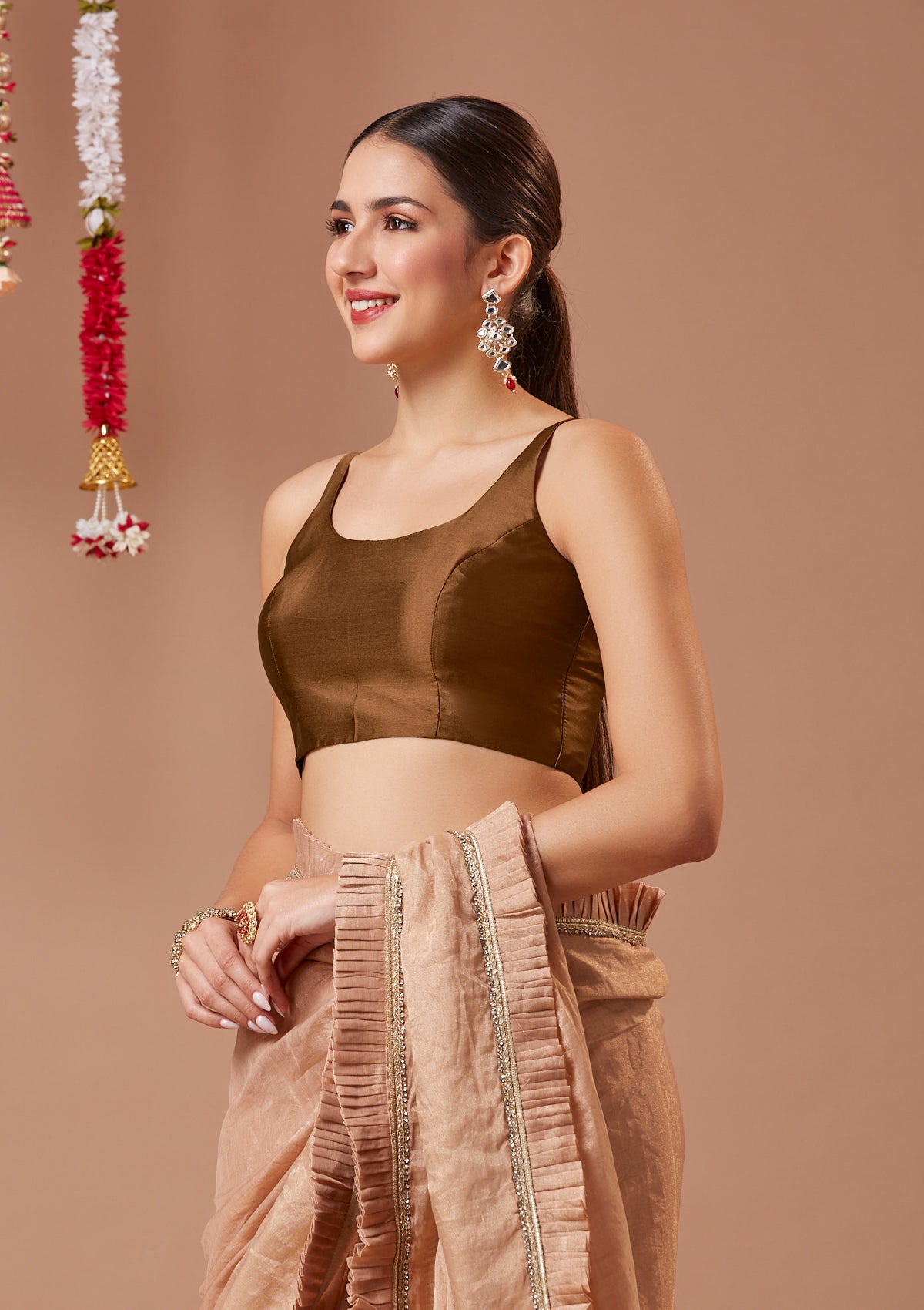 Brown Silk Sleeveless Readymade Blouse