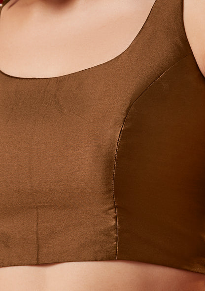 Brown Silk Sleeveless Readymade Blouse