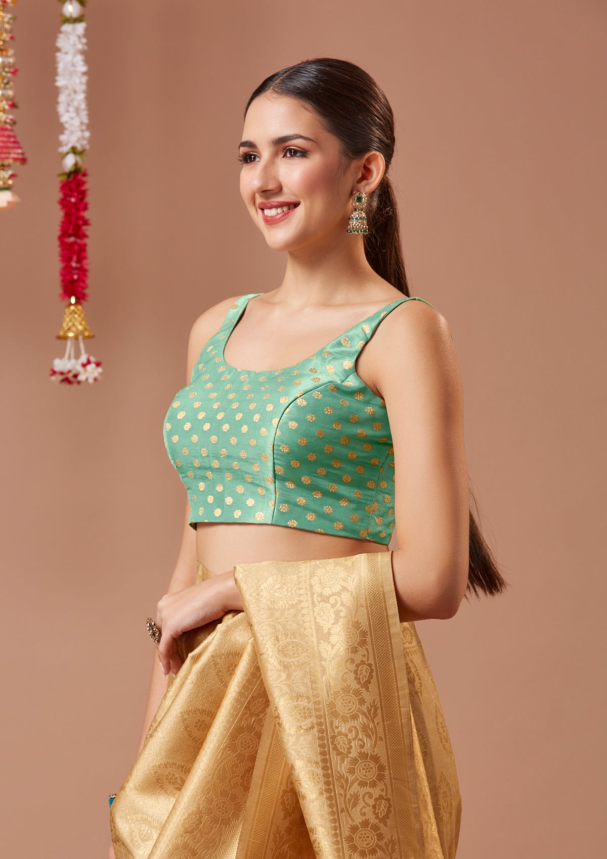 Green Brocade Spaghetti Readymade Blouse