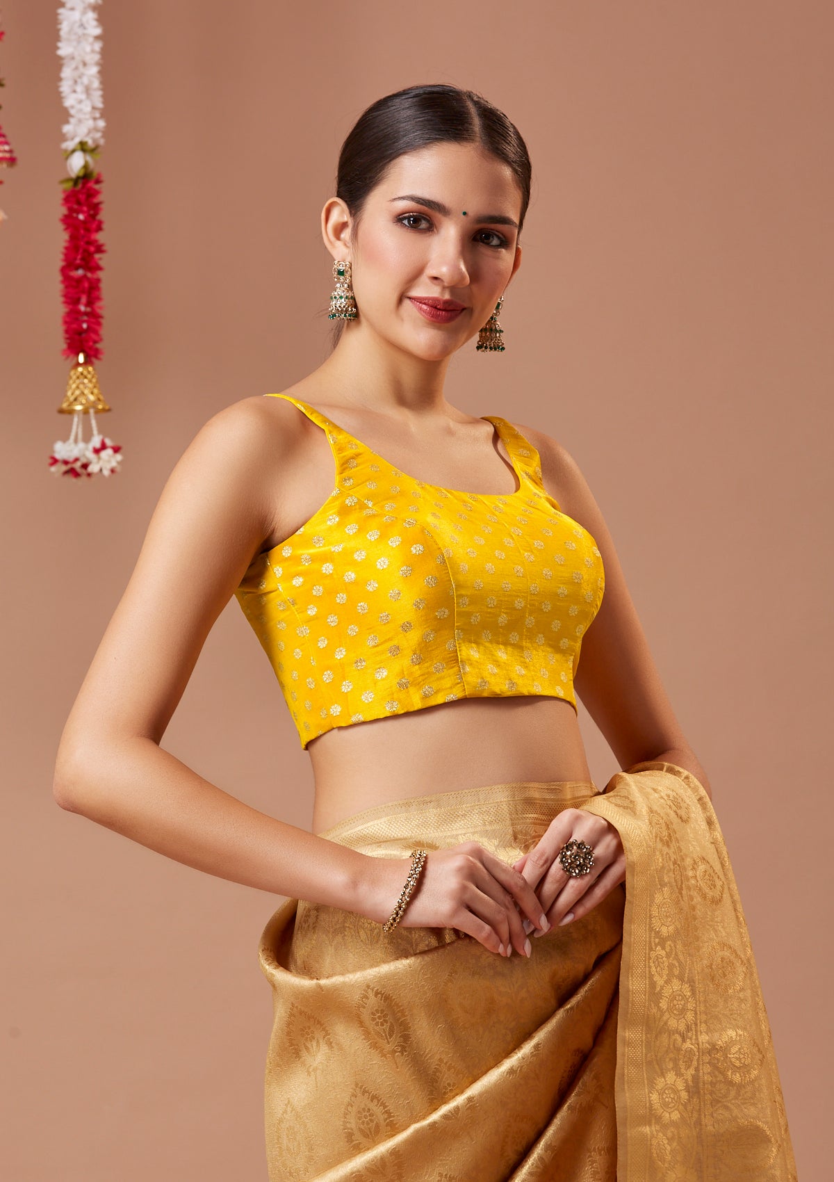 Yellow Brocade Spaghetti Readymade Blouse