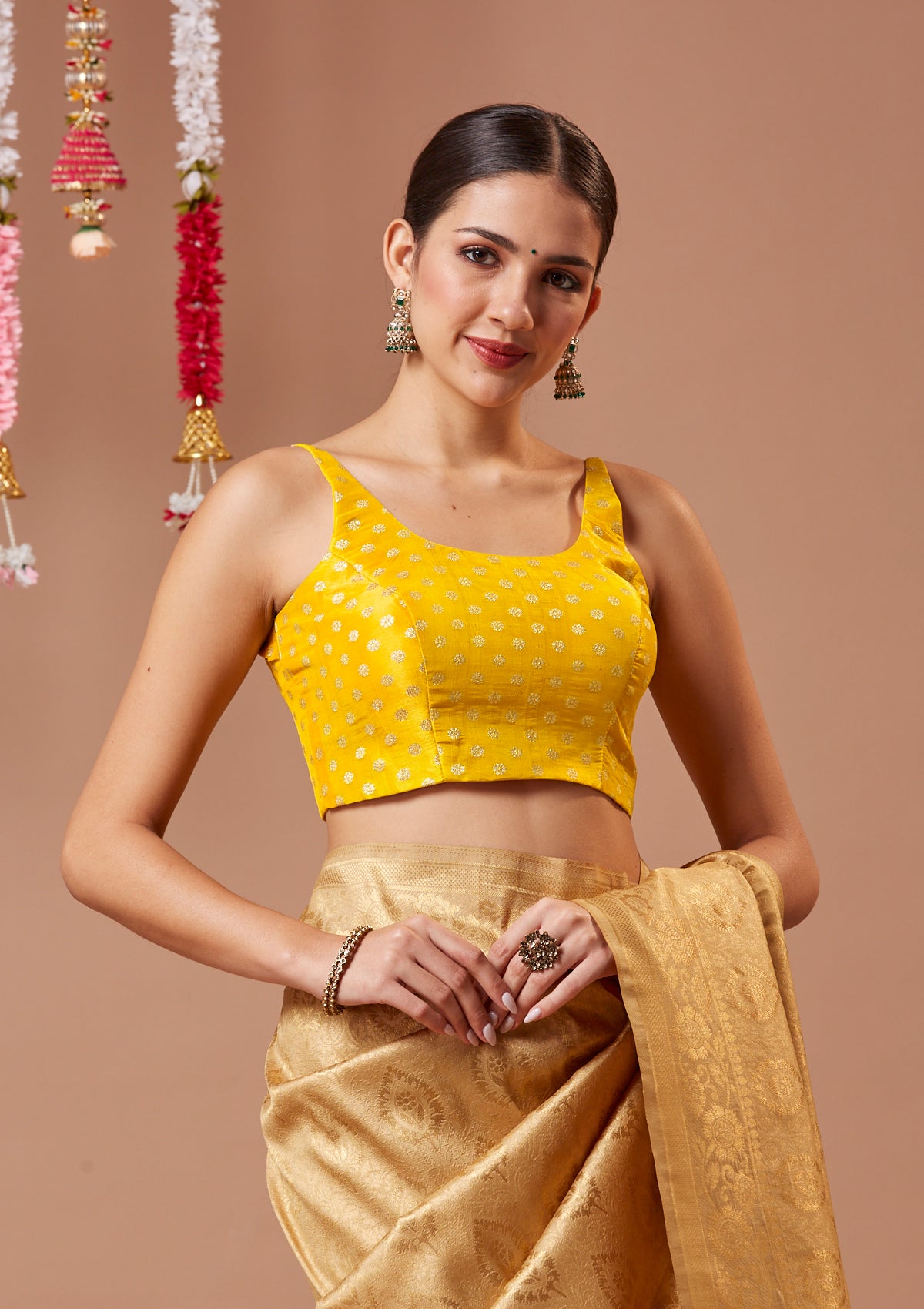 Yellow Brocade Spaghetti Readymade Blouse