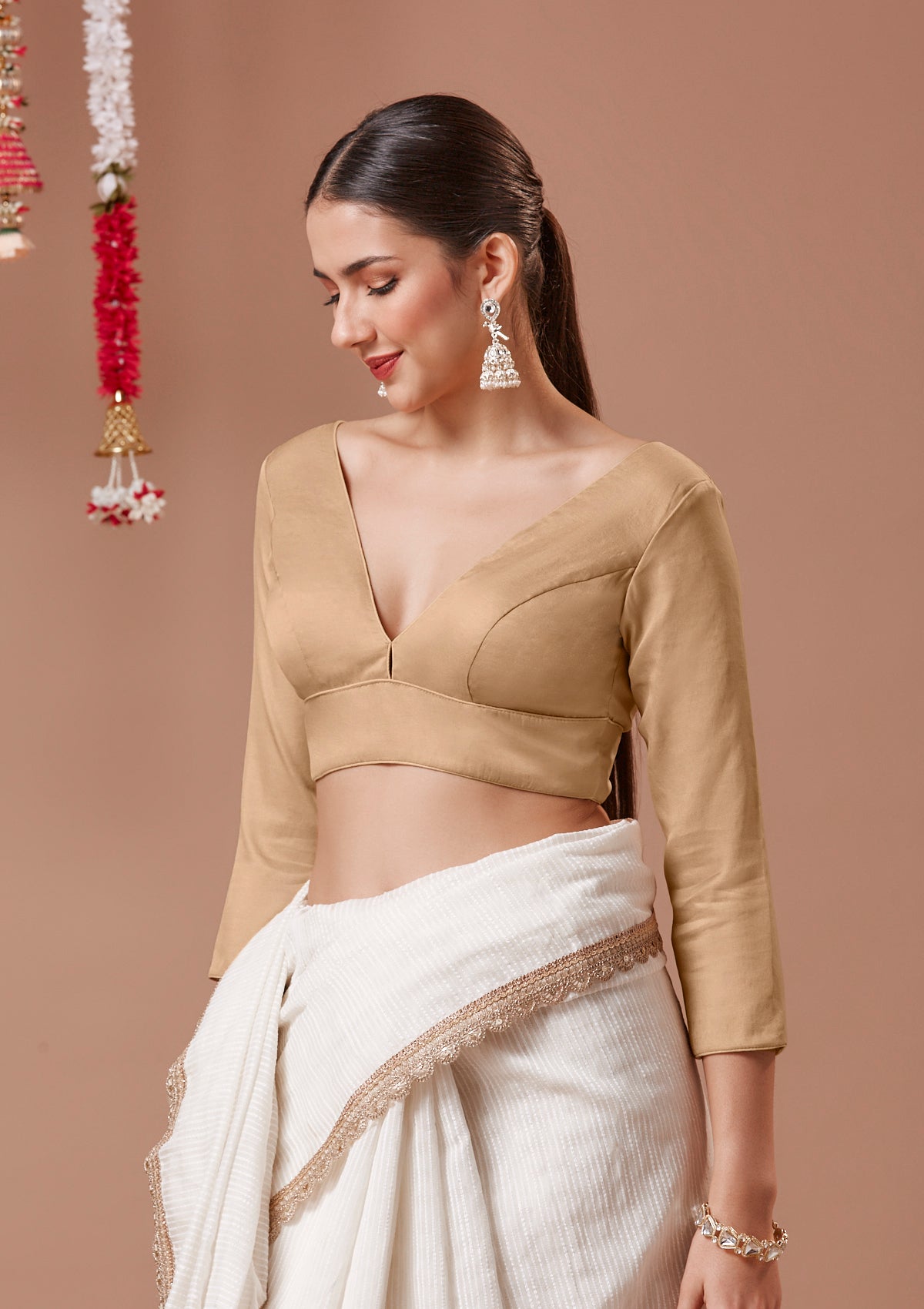 Beige Silk Plunging V Neck Readymade Blouse