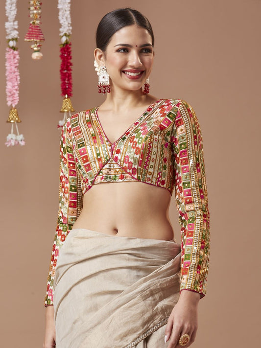White Georgette V Neck Readymade Blouse With Embroidery