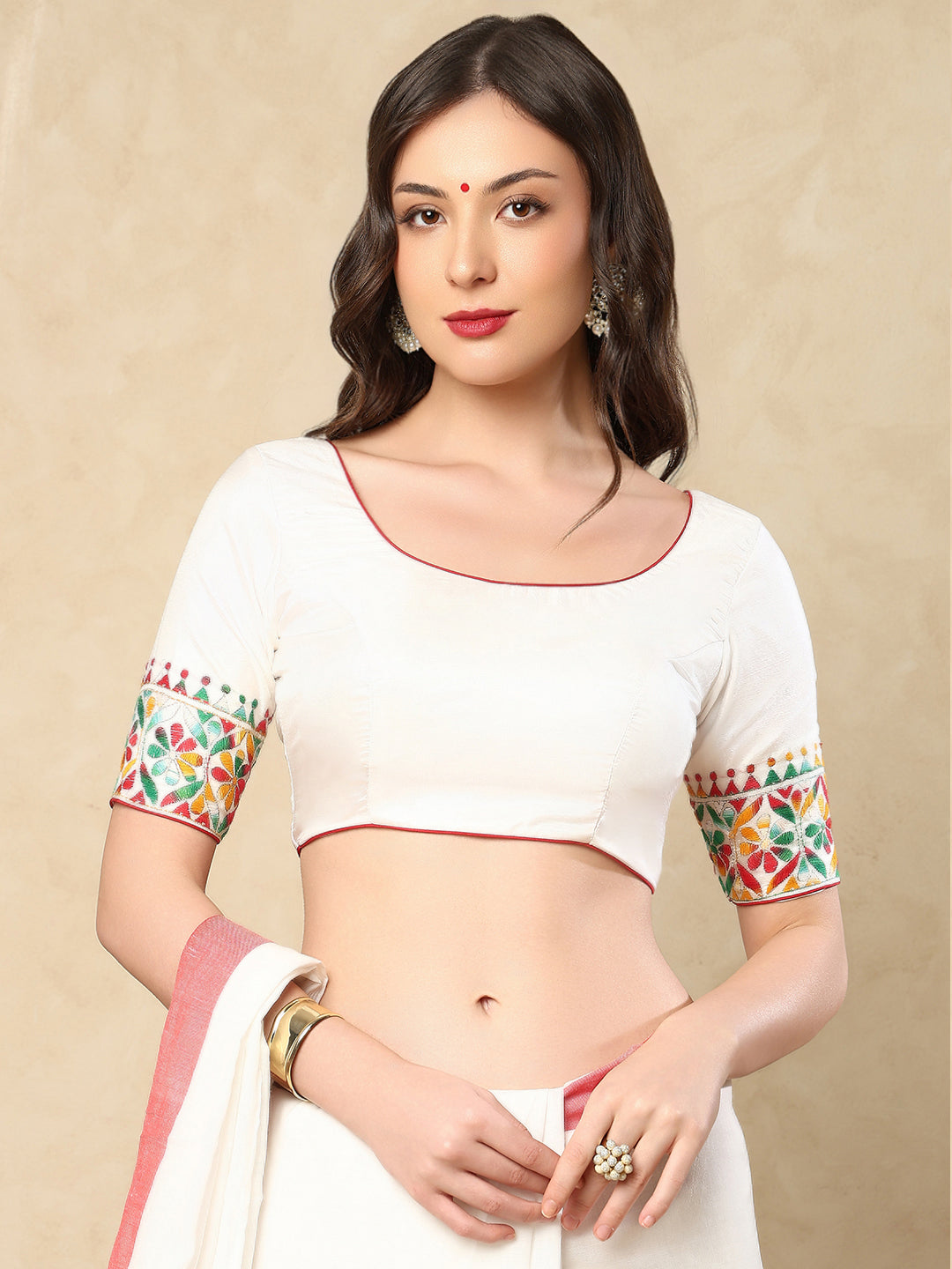 White Silk Round Readymade Blouse With Katha Work