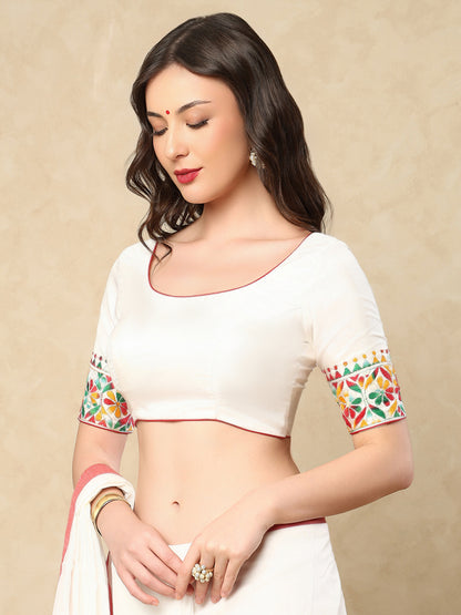 White Silk Round Readymade Blouse With Katha Work