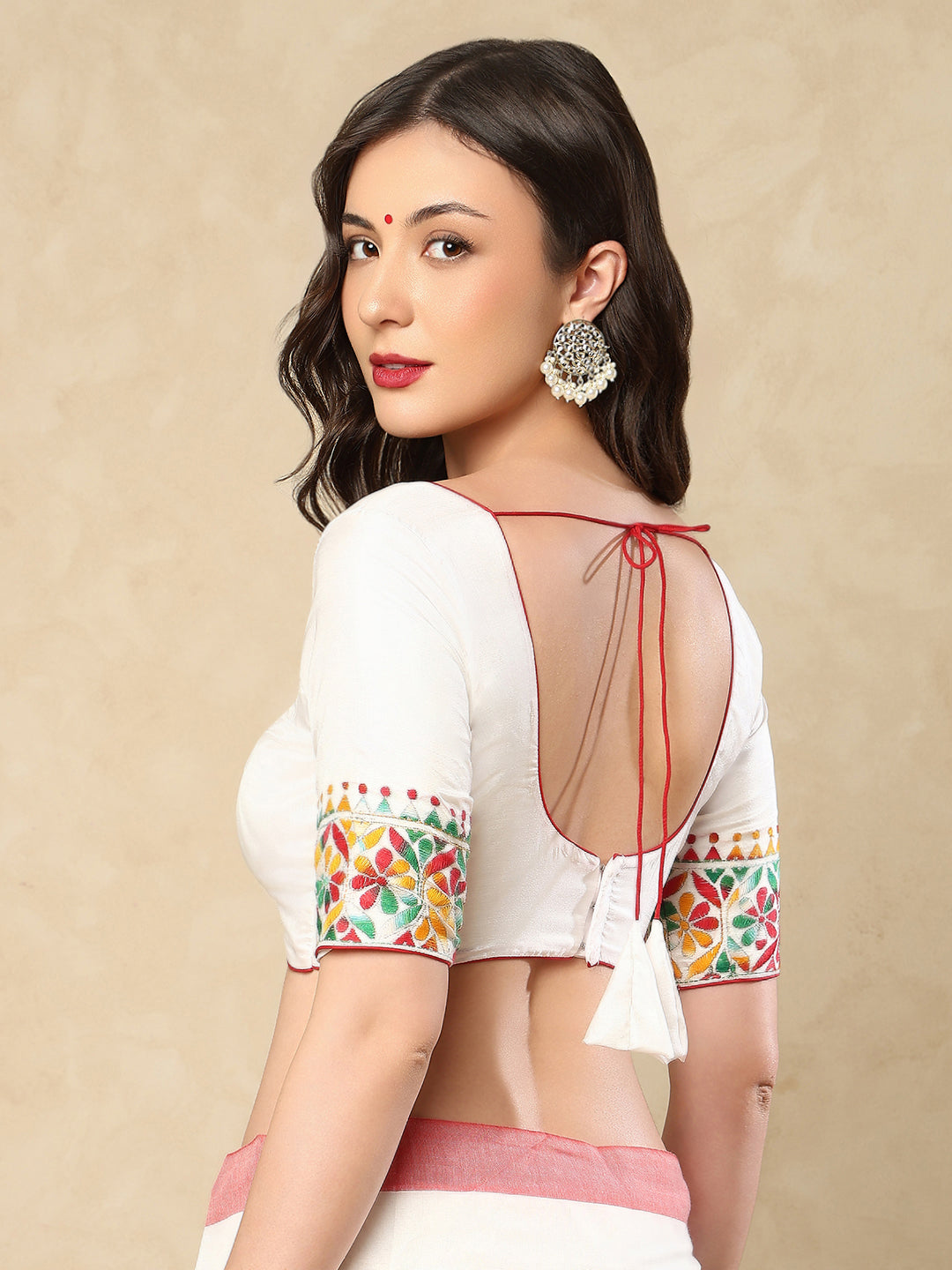 White Silk Round Readymade Blouse With Katha Work