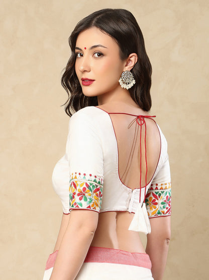 White Silk Round Readymade Blouse With Katha Work